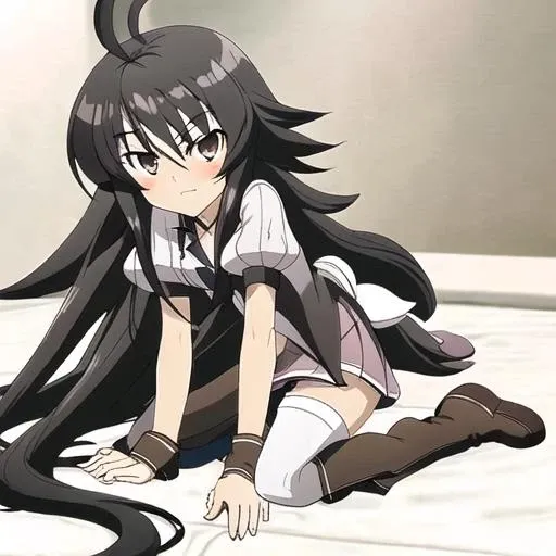 <lora:Adeltrud_Walter-10:1>Adeltrud Walter,long hair,black hair,brown eyes,mini skirt,white THIGHHIGHS,brown boots,short sleeves <lora:Doggystyle:1>frontdoggy, 1girl