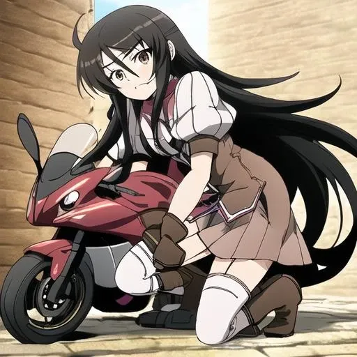 <lora:Adeltrud_Walter-10:1>Adeltrud Walter,long hair,black hair,brown eyes,mini skirt,white THIGHHIGHS,brown boots,short sleeves,kneel down,motorcycle