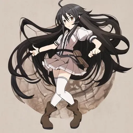 <lora:Adeltrud_Walter-10:1>Adeltrud Walter,shoulder-length hair,black hair,brown eyes,mini skirt,white THIGHHIGHS,brown boots,short sleeves