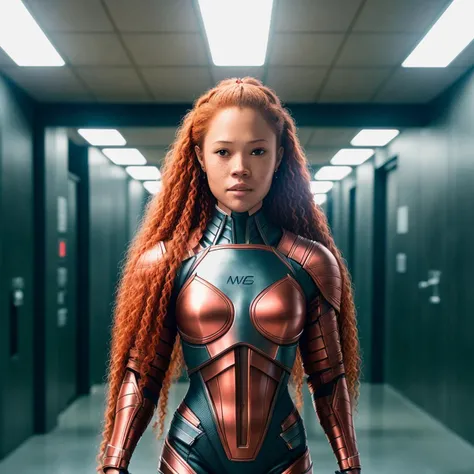 photo of a skarls, red hair, ponytail, fighter, bodysuit, science fiction, metal hallway, waist up shot, photorealistic, realistic, RAW, detailed