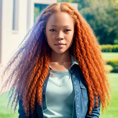 skarls woman with red hair and freckles wearing a black top and blue jeans, posing for a picture with her hands in her pockets