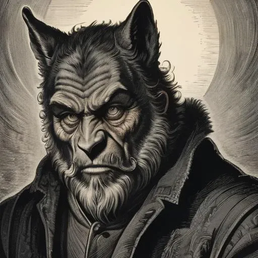 woodcut illustration in detailed gustavedore style, by gustave dore, crisp even lines, ornate framing, medium contrast portrait of Lon Chaney Jr, the wolf man (American actor) <lora:GustaveDore_StyleXLv6.1:.06>;