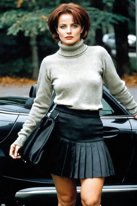 Photorealism <lora:IzabellaScorupcoSDXL-000008:1>, (full-body portrait:1.3) of IzabellaScorupcoSDXL in pleated dark skirt and turtleneck sweater in a BMW Z3, Photorealism, often for highly detailed representation, photographic accuracy, or visual illusion.