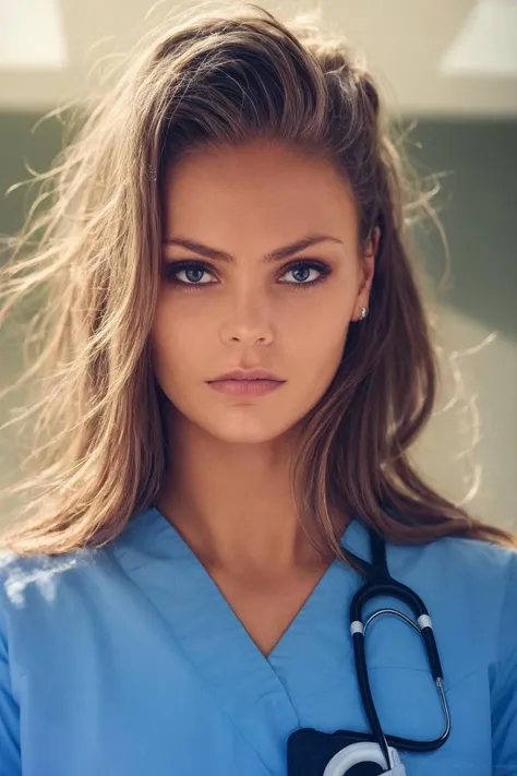 headshot, nurse, scrubs, at hospital, worried expression, soft colors, bokeh, masterpiece, high quality, (high detailed skin:1.1)
<lora:lieke_martens_lora_v01:1> l1k3