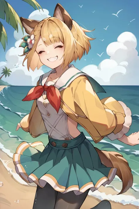 score_9, score_8_up, source_anime, 1girl, solo <lora:spgbfVajraXLPony-10:1> vajrabs, dog tail, white hair flower, breezy sailor collar, red neckerchief, breezy white shirt, yellow jacket, pleated skirt, black pantyhose, ocean, waves, blue sky, wind, palm trees, closed eyes, happy, grin