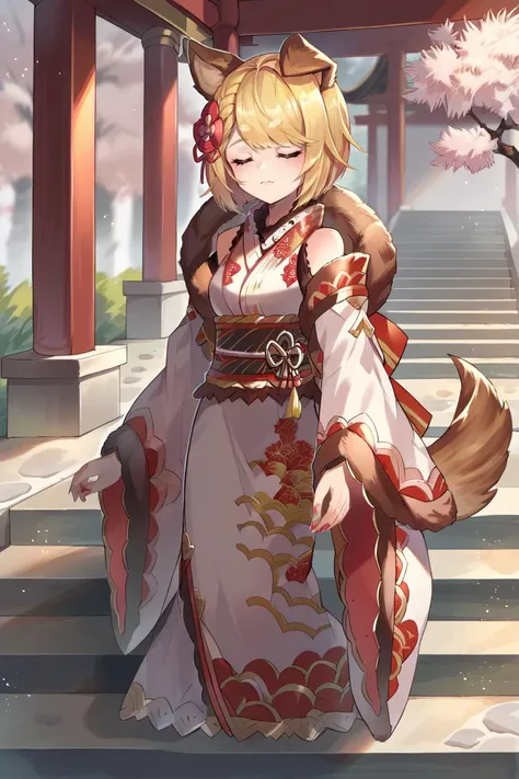 score_9, score_8_up, source_anime, 1girl, solo <lora:spgbfVajraXLPony-10:1> vajrarr, dog tail, red hair flower, red nails, white obi, white kimono, japanese clothes, floral print, white detached sleeves, wide sleeves, long sleeves, fur trim, sash, closed eyes, shrine, stairs