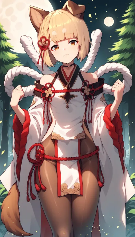 score_9, score_8_up, score_7_up BREAK source_anime, 1girl, solo, vajradef, dog tail, hair ornament, shimenawa, white kimono, bare shoulders, detached wide sleeves, pelvic curtain, brown pantyhose, <lora:spgbfVajraXLPony:1>, outdoors, forest, light particles, mountainside, moon, looking at viewer, light smile, (blush:0.5),
