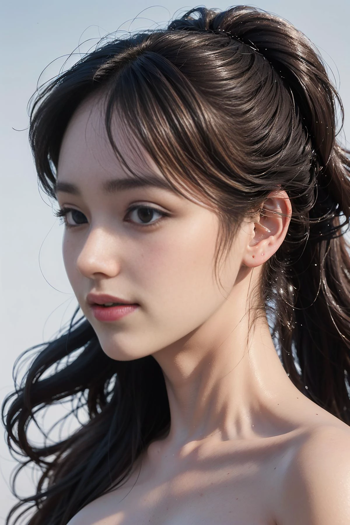 (nude:1.4), official art, masterpiece, best quality, unity 8k wallpaper, ((photorealistic:1.4)), profile, ultra detailed, extremely detailed, elegant, beautiful, aesthetic, romanticism, 1girl, beauty, small face, smile, pale skin, (brown eyes), black ponytail, (hair blowing in the wind), ((detailed ponytail hair)), (close up:1.2), face focus, black background