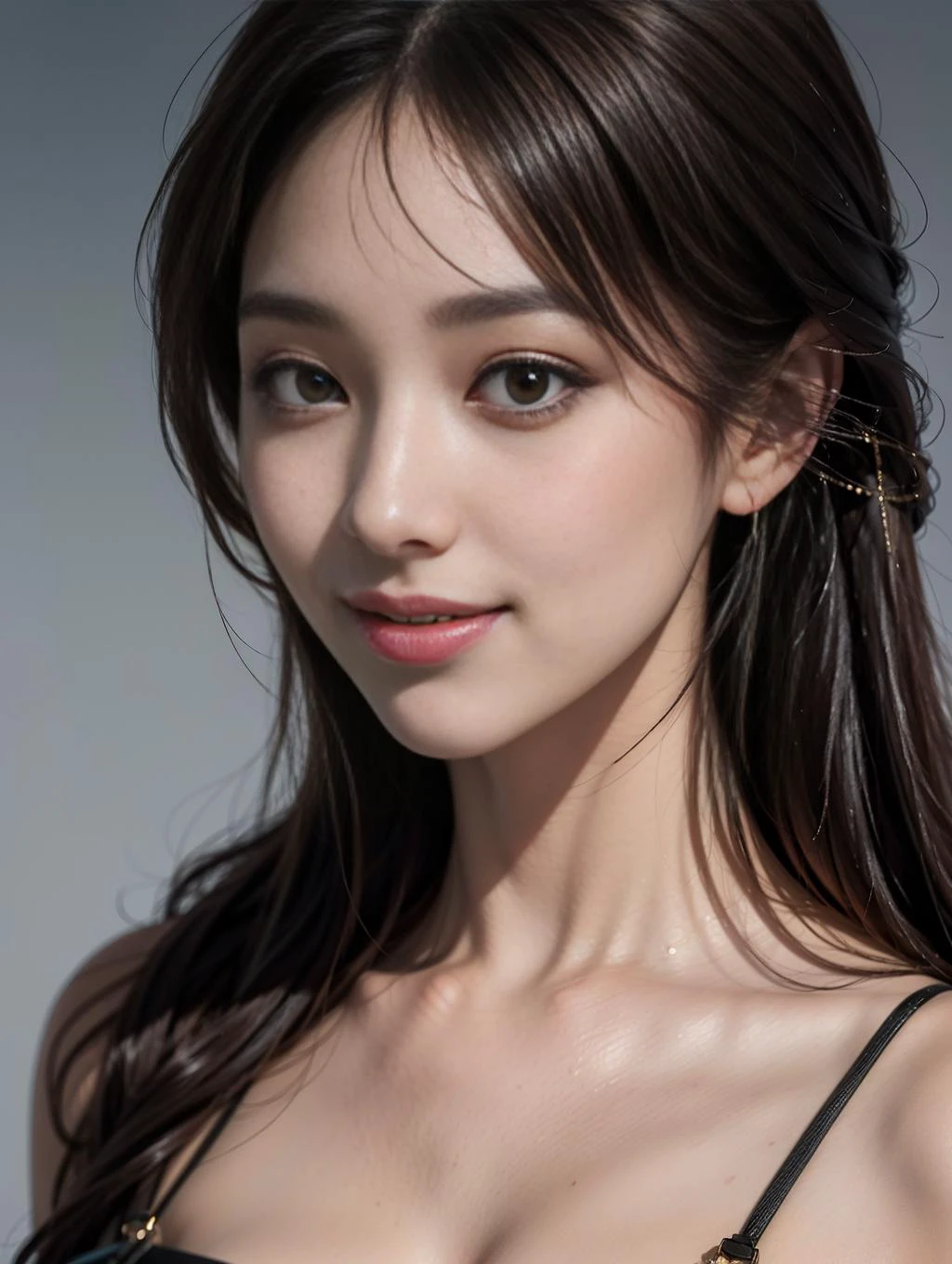 pretty asian girl, waist up, smile, beautiful lighting, deep shadow, best quality, masterpiece, 8k , ultra highres, photorealistic, ((close up:1.2))