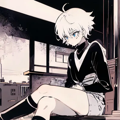 <lora:killua_zoldyck:1>, 1boy, (killua_zoldyck:1.2), white hair, short hair, blue eyes, solo, focus, sitting down, frown, looking away, street, city, japan <lora:DB_manga_v2m> (manga style, black and white, ink:1.3)