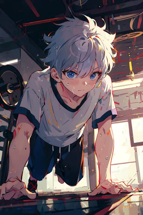 <lora:killua_zoldyck:.7>, 1boy, killua_zoldyck, solo, focus, teen, working out, push ups, shorts, tired, sweat, foreshortening, soft light, gym, weights