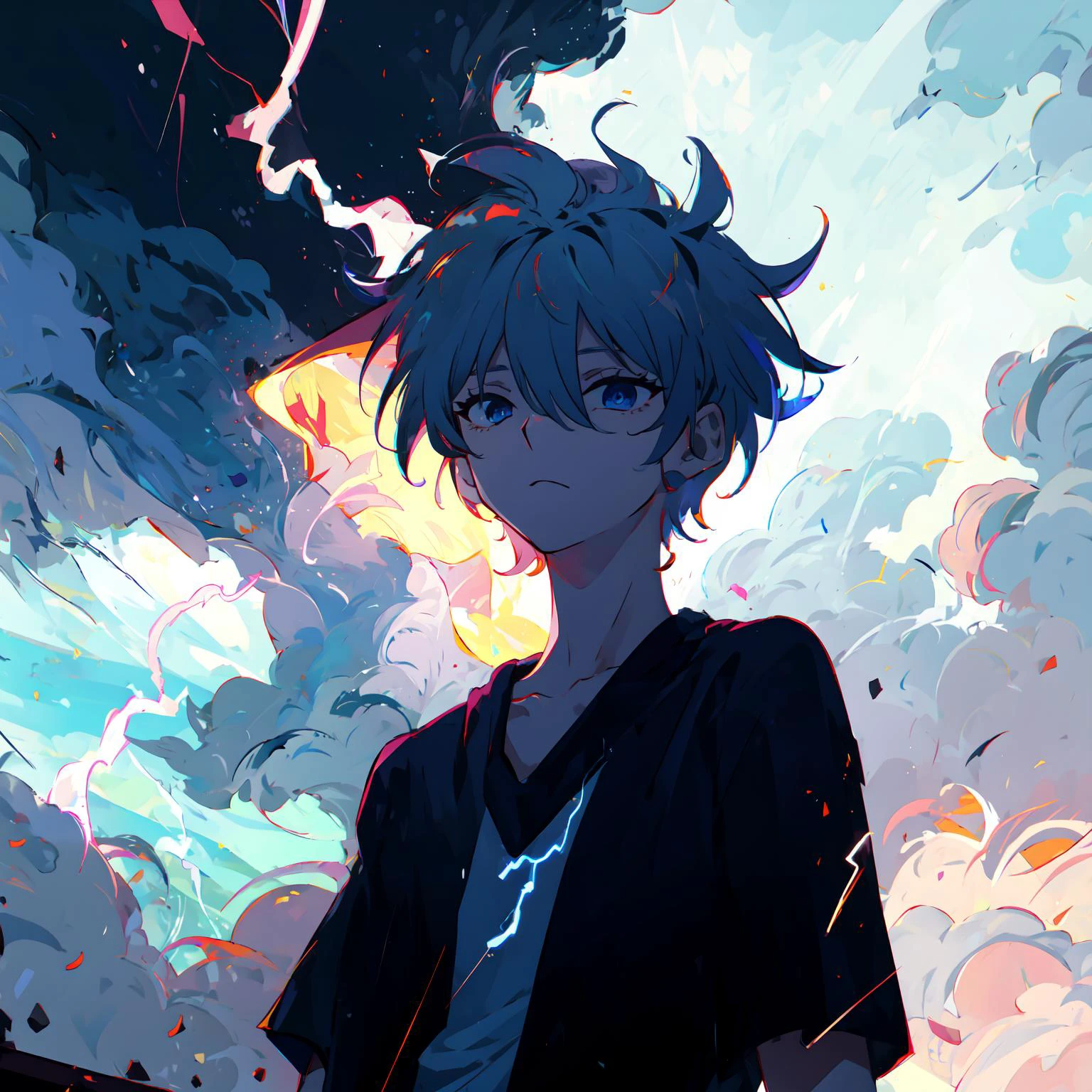 <lora:killua_zoldyck:.7>, 1boy, killua_zoldyck, solo, focus, , upper body, white shirt, blue undershirt, standing, serious, focused, menacing look, half-closed eyes, squinting, backlighting, lighting, silhouette, bloom, lightning storm, dark clouds, night sky, small town