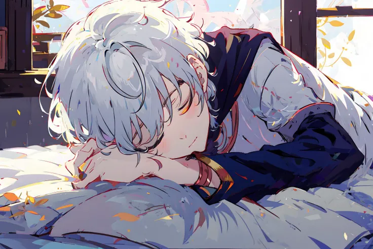 <lora:killua_zoldyck:.8>, 1boy, killua_zoldyck, white hair, solo, focus, laying down, on side, sleeping, closed eyes, bed,