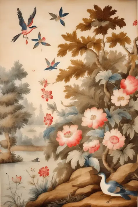 <lora:Anna Maria Garthwaite Style:1>Anna Maria Garthwaite Style - watercolor and pencil, 18th century a silk screen of beautiful lake filled with birds and butterflies surrounded