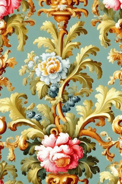 <lora:Anna Maria Garthwaite Style:1>Anna Maria Garthwaite Style - Please create a fabric design that integrates elements of Rococo art and the image of a Rococo interior. The pattern should be seamless, repeating, and cyclical. The colors should be marked with Pantone TPX color numbers, using no more than six colors. Specifically, we're looking for a soft white (Pantone 11-0601 TPX) to symbolize the Rococo plaster, a light pink (Pantone 13-2804 TPX) to symbolize the Rococo silk, a light beige (Pantone 14-1118 TPX) to symbolize the Rococo wood, a bright gold (Pantone 16-0836 TPX) to symbolize the Rococo gilding, a deep blue (Pantone 19-4050 TPX) to symbolize the Rococo velvet, and a metallic silver (Pantone 14-5002 TPX) to symbolize the Rococo mirror. The pattern style should reference Rococo elegance and sophistication, and the interior figures should be presented in a delicate and intricate way. The lighting should be soft, as if under the glow of a Rococo chandelier. Please create in ultra-high definition, rich in detail, and 16K resolution.
