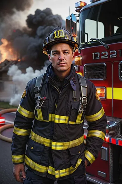 best quality, masterpiece, man, firefighter , photo, realistic, highly detailed
