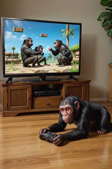 photorealistic:1.4, best quality, masterpiece, surreal, 5 monkeys playing old school nintendo, on the floor, by a television:0.7, realistic apes, apes holding controllers, full view, highly detailed, HD, 8k,sharp focus, advanced 3d portrait,