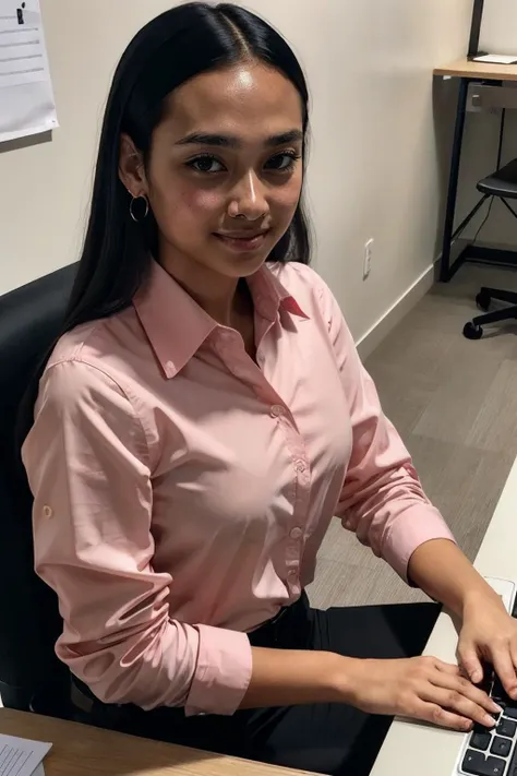 l4t1n0d0ll, black hair, brown eyes, tan skin, wearing pink button shirt, black slacks, looking at viewer, serious, smirk, upper body shot, sitting, behind a table, inside office, typing, keyboard, bright lighting, high quality, masterpiece, <lora:l4t1n0d0ll:.7>