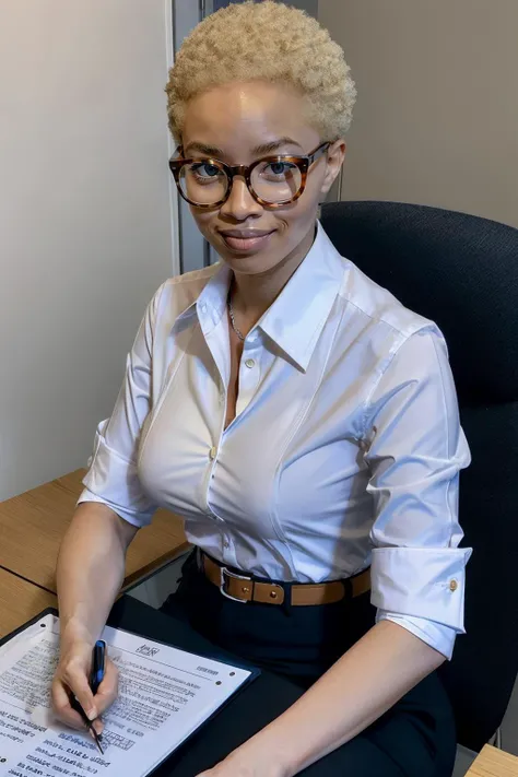 4lb1n0d0ll2, blonde hair, short hair, glasses, medium breasts, wearing a white button shirt, rolled sleeves, belt, slacks, looking at viewer, serious, smirk, sitting, inside office, holding clipboard, desk, bright lighting, high quality, masterpiece, <lora:4lb1n0d0ll2:.8>