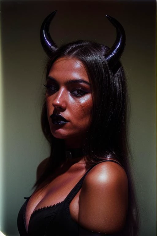 portrait of ClementineMiller demon girl, colored skin, purple skin, demon horns, choker, (sexy goth:1.2), heavy makeup, messy hair, photorealistic, Defined jawline, skin pores, shiny skin, grainy, <lora:more_details:1> <lora:DetailedEyes_V3:0.8> dslr, wide angle, hazy lighting, film grain <lora:epiCRealismHelper:1> <lora:d3v1lg1rl2:0.8> d3v1lg1rl film burn effect