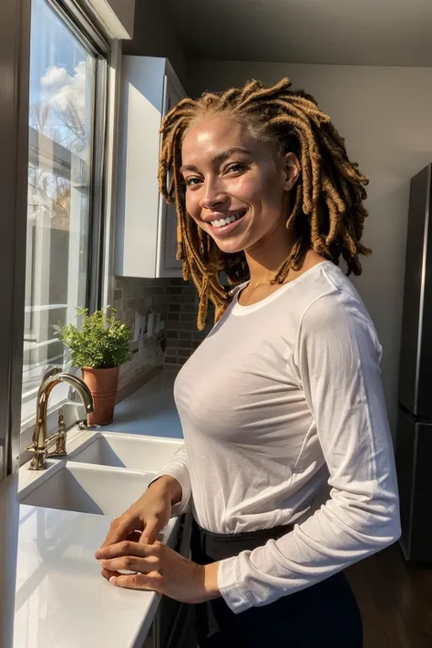 4lb1n0d0ll2, blonde hair, dreadlocks, medium breasts, wearing long sleeve shirt, black shorts, looking at viewer, smiling, teeth, standing, medium shot, inside cozy kitchen, counter, window, natural lighting,  high quality, masterpiece, <lora:4lb1n0d0ll2:.8>