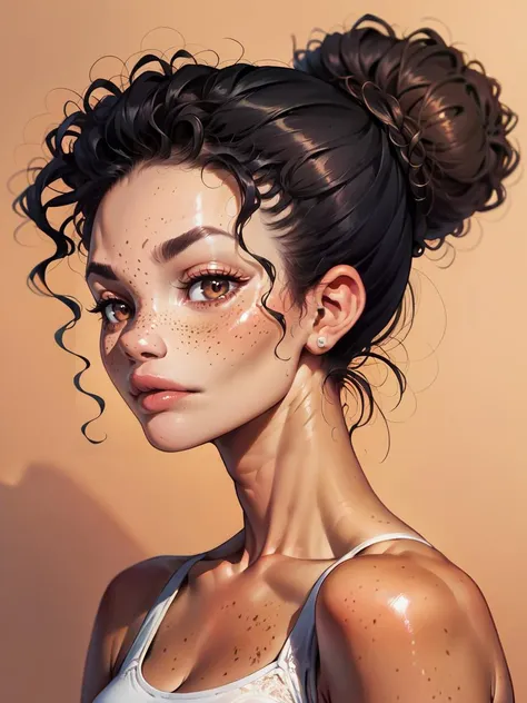 score_9, score_8_up, score_7_up, score_6_up, score_5_up, score_4_up,   <lora:m1xd0llXLP2:0.7> curly hair, 1girl, m1xd0ll, black hair, hair bun, tan skin, freckles, brown eyes, portrait