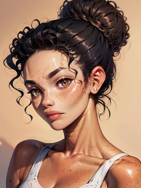 score_9, score_8_up, score_7_up, score_6_up, score_5_up, score_4_up,   <lora:m1xd0llXLP2:0.7> curly hair, 1girl, m1xd0ll, black hair, hair bun, tan skin, freckles, brown eyes, portrait