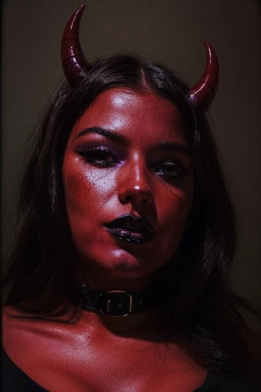 portrait of ClementineMiller demon girl, colored skin, purple skin, demon horns, choker, (sexy goth:1.2), heavy makeup, messy hair,  photorealistic, Defined jawline, skin pores, shiny skin, grainy, <lora:more_details:1>  <lora:DetailedEyes_V3:0.8> dslr, wide angle, hazy lighting, film grain  <lora:epiCRealismHelper:1>  <lora:d3v1lg1rl2:0.8> d3v1lg1rl film burn effect