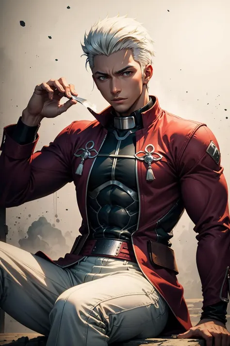 <lora:shirou-10:0.8>,emiya_shiro,dark skin,sitting,Ultra-detail,(highres:1.1),best quality,(masterpiece:1.3),cinematic lighting,<lora:ink-0.1-3-b28-bf16-D128-A1-1-ep64-768-DAdaptation-cosine>,white background,ink,