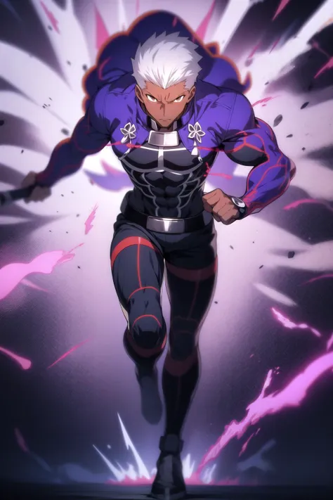 (detailed:1.3),full body,
<lora:shirou:1>,emiya_shiro,dark skin, holding weapon, incoming attack, angry, motion blur, Combine exploding bursts of vivid colors, with abstract shapes, color splashes, and unpredictable color leaks, resulting in a chaotic and visually stimulating composition,Electric Purple color
Ultra-detail,(highres:1.1),best quality,(masterpiece:1.3),cinematic lighting,