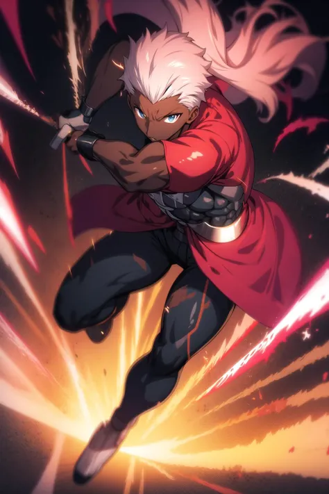(detailed:1.3),full body,
<lora:shirou:1>,emiya_shiro,dark skin, holding weapon, incoming attack, angry,red shirt, black inner shirt, motion blur, Blend a whirlwind of swirling pinks, purples, blues, and oranges, with splashes of contrasting hues for a dynamic and visually captivating composition,Rose Quartz color,
Ultra-detail,(highres:1.1),best quality,(masterpiece:1.3),cinematic lighting,