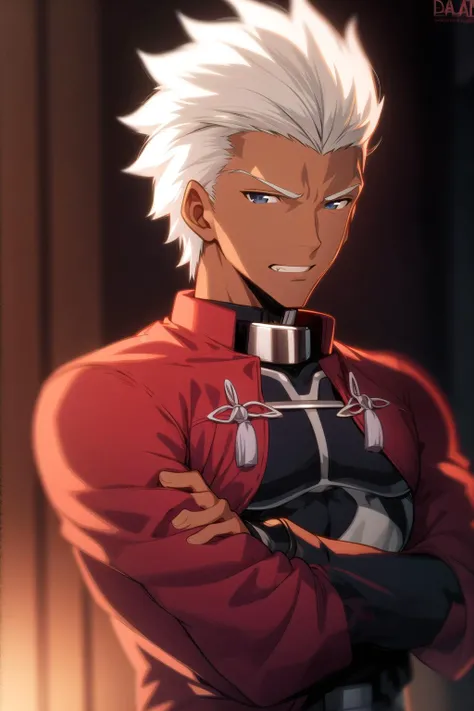 (detailed:1.3),upper body, 
<lora:shirou:1>,emiya_shiro,dark skin,smirk, crossed arms, lip biting, 
Ultra-detail,(highres:1.1),best quality,(masterpiece:1.3),cinematic lighting,