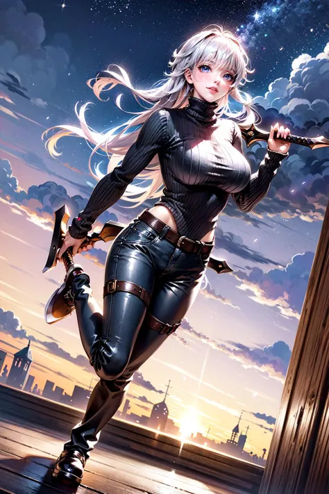 <lora:fate_archer:0.65>, archer \\(fate\\),
BREAK((solo, 1girl, adorable girl, young female,), (full body:1.3), soft light, dynamic angle, dynamic postures, detailed shadow, lightning, (wide view, wide-angle lens))
BREAK(weapon,sword,dual wielding,many swords stuck in the ground, black_shirt, black_pants, belts, red_sweater):1.1,
BREAK((cool smile), (long hairs, multicolor sliver white hairs,)),
BREAK(perfect(anatomy,body,face,hand,leg,foot)),
BREAK(beautiful detailed girl, glossy pink lips, Milky skin, shiny skin:1.2)
BREAK( <lora:Night scene_20230715120543:0.5>, cozy, outdoors, detailed deserted place, starry sky, star_\\(sky\\), night),
BREAK(<lora:more_details:0.5>, extremely detailed, CG, 8k Amazing, finely detail, (masterpiece:2.0, best quality), (intricate details, depth of field),),
(<lora:uber_saggy2:0.55>, saggy, sagging_breasts, large breasts),