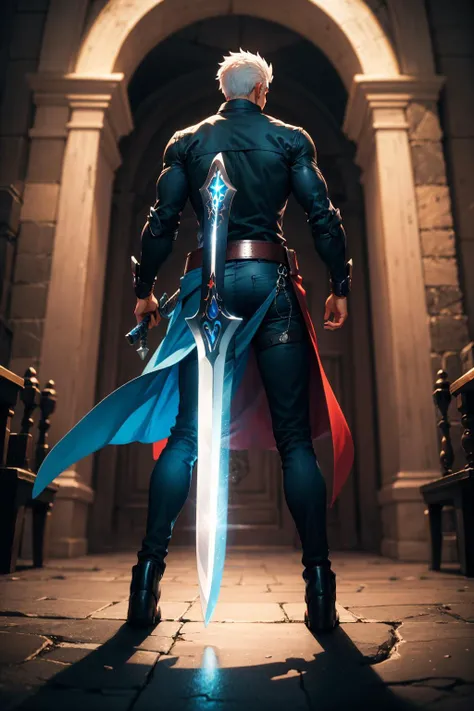 <lora:shirou-10>,emiya_shiro,from behind,holding,weapon,sword,dual wielding,dark skin,Ultra-detail,(highres:1.1),best quality,(masterpiece:1.3),cinematic lighting,