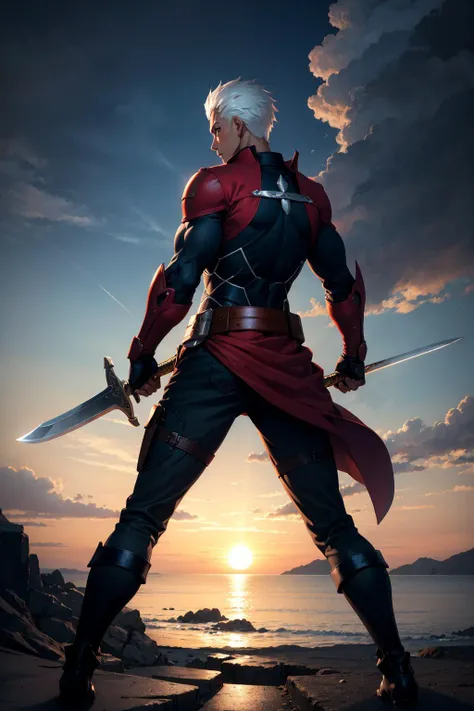 <lora:shirou-10>,emiya_shiro,from behind,holding,weapon,sword,dual wielding,dark skin,Ultra-detail,(highres:1.1),best quality,(masterpiece:1.3),cinematic lighting,