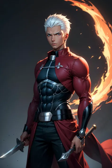 <lora:shirou-10:1>,emiya_shiro,holding,weapon,sword,dual wielding,dark skin,Ultra-detail,(highres:1.1),best quality,(masterpiece:1.3),cinematic lighting,