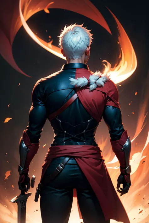 <lora:shirou-10:0.8>,emiya_shiro,from behind,holding,weapon,sword,dual wielding,dark skin,Ultra-detail,(highres:1.1),best quality,(masterpiece:1.3),cinematic lighting,