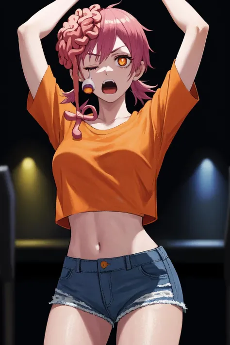 masterpiece, best quality, highres, 1girl halloween <lora:cosmo_halloween:1> arms up, open mouth, orange shirt, denim shorts, crop top