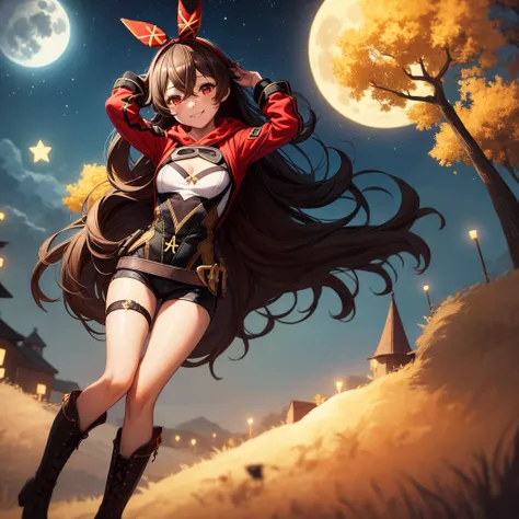 masterpiece, best quality1girl, solo, night sky, outdoors, moon, stars, clouds, wind, medium hair, boots, witch, smile, red eyes, arms up, cleavage, tree, night,,( skinny, petite, flat chest:1.2),, <lora:genshinfull1:1>,(amberfivestar:1.3), Ultra realistic, photo realistic, dynamic lighting,8k ,, <lora:add_detail:1>,narrow waist,
