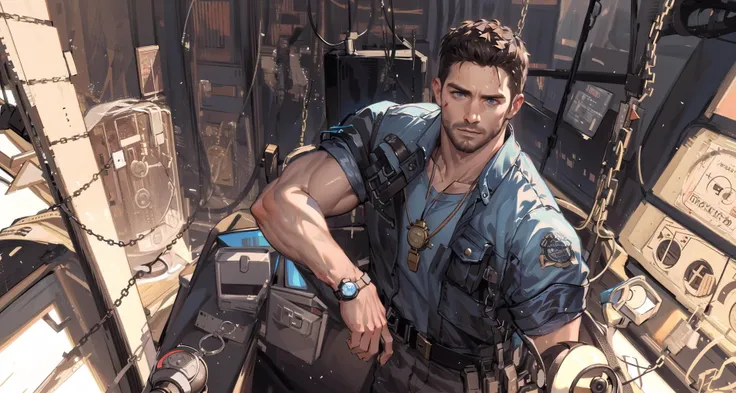 <lora:Gacha splash:0.55>, <lora:SXZ Chris Redfield :0.6>,re5dfield,
Delicate Composition,hyper detailed,best quality,steampunk,cinematic light,(beautiful detailed background:1.2),(Street side:1.2),London,train,Aerial view,crowd,1man,stubble,spiked [black|brown] hair,egg-blue eyes,mature,Masculine,muscular, 🏻,solo,bruise,blood,steampunk torn open military uniform,abs,waistband,bulge,😈,sexually suggestive,antique firearm,chain,gear wheel,(pocket watch),cage, birdcage,