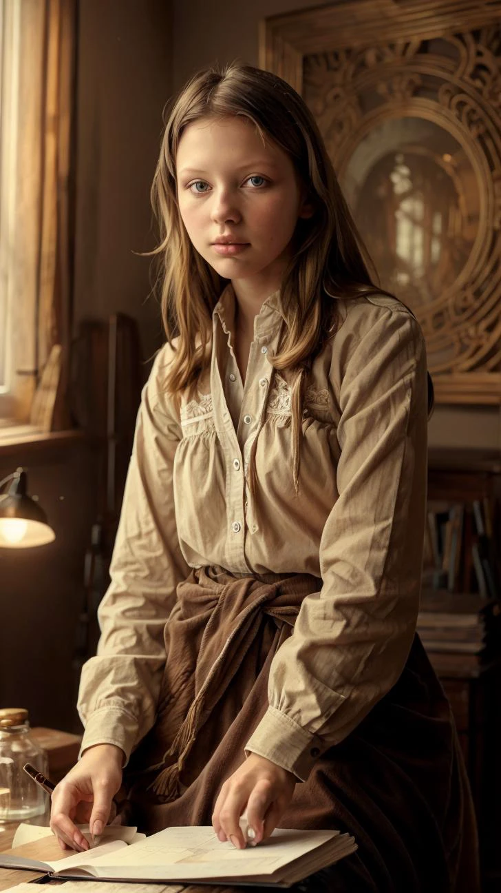 a profesional picture of 1 girl, young girl,(small breasts:1.3) ,astetic beauty, <lora:Mia_Goth_actress:0.75>mia goth ,as slave , Inspired Pencil Sketch: Sitting at a desk with a sketchbook, they sketch with focused dedication. Their pencil moves gracefully across the page, and their eyes study their subject carefully. , sad realistic ,perfect quality,best quality,ultrasharp,ultradetailed,perfect quality,masterpiece,intricated details, cowboy shot <lora:add_detail:0.4> hotify, <hypernet:sxzBloom_sxzBloom:0.4> , <lora:GoodHands-beta2:1><lora:HoneyTech:0.4> honeytech, honey, scifi