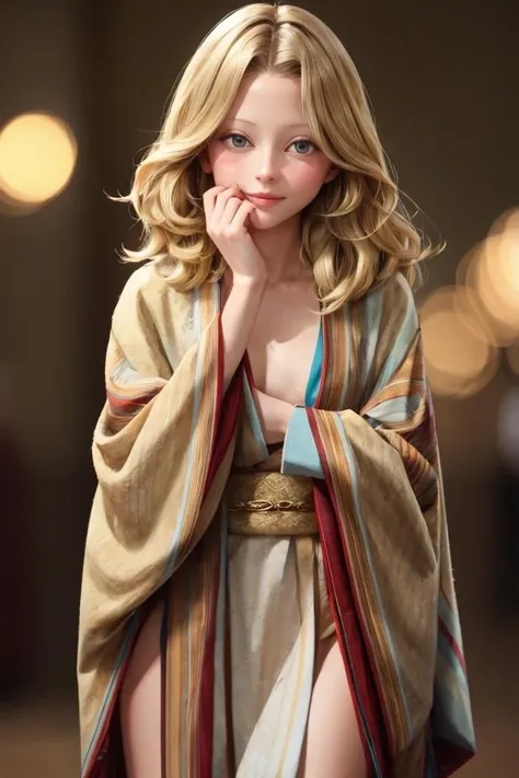 a profesional photo of 1girl mia goth, smile, delicate body, slim body, slender body, small breasts, brown kimono, blonde hair, in the caffe hands on face, perfect quality, masterpiece, ultradetailed, realistic, photorealistic, intricated details, perfect body proportions, ultraclear, bokeh, realistic lights, , cowboy shot, character focus <lora:Mia_Goth_actress:0.8>