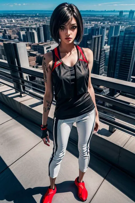 (masterpiece, best quality, highres, absurdres, ultra-detailed:1.3), 1girl, <lora:FaithConnorsMEC-11:0.8>(Faith:1.3), brown eyes, black hair, short hair, bobcut, black tank top, black vest, white pants, fingerless gloves, red shoes, ((right eye tattoo, shoulder tatoo, city rooftop, skyscrapers, mascara, wind, neon style, glow, from above, flirt, standing, legs apart)), <lora:add_detail_v1:0.8>, <lora:LowRA:0.6>