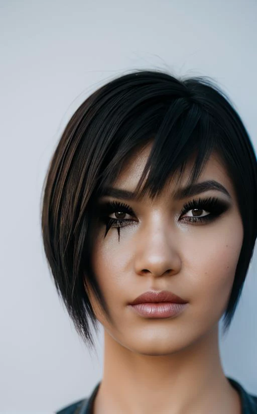 fashion photography, portrait, Faith, brown eyes, black hair, short hair, bobcut, right eye tattoo, minimalist holographic background <lora:FaithConnorsMEC-11:1>