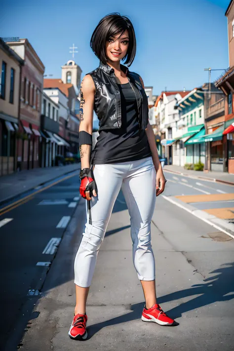 Faith, brown eyes, short black hair, bobcut, right eye tattoo, black shirt,shoulder tattoo, vest, white pants, black fingerless gloves, red shoes, looking at viewer, smiling, full body shot, standing, outside, city, blue sky, high quality, masterpiece, <lora:FaithConnorsMEC:.7>