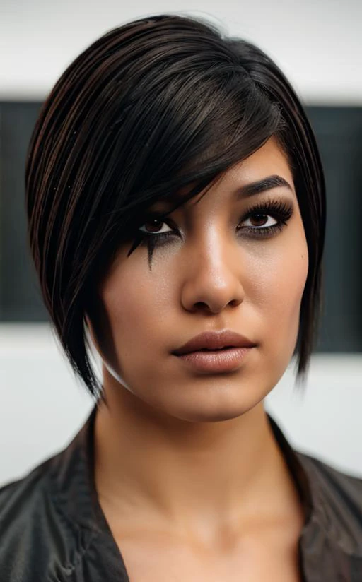 photography, portrait, Faith, brown eyes, black hair, short hair, bobcut, right eye tattoo <lora:FaithConnorsMEC-15:1>