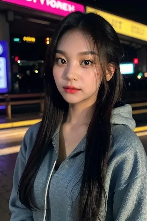 ujifilm XT3, 8k,close up photo, masterpiece, best quality, (((1girl))), solo,realistic, ((looking at viewer)), photorealistic, (extremely detailed face), looking at viewer, ((ultra-detailed eyes and pupils)), ultra detailed, serious expression, ((standing city street at night)), hoodie, (arms behind back),  <lora:umjilorashy:1>