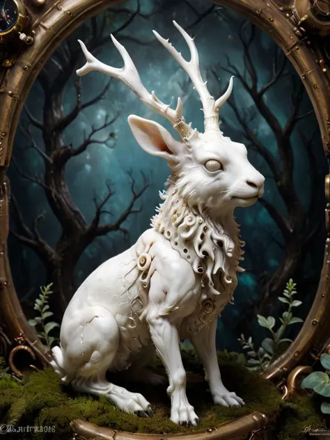 award winning photograph of a Typ A jackalope with whimsical nature made of alabaster in wonderland, magical, whimsical, fantasy art concept, steampunk, intricate details, best quality, masterpiece, ultra shartp, hyper realistic, realism, sfw, <lora:Type_A_XL:0.8> spiral,