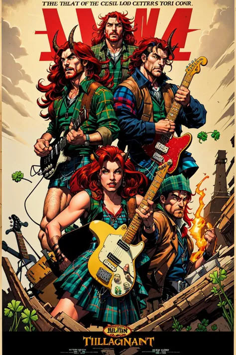 Irish, 1boy, male focus, red hair, beard, long curly hair, mullet, long plaid scottish kilt, tartan theme, red plaid leather jacket, fender electric guitar, heavy metal concert, 4 leaf clovers, celtic metal band, masculine, devil horns, scotland highlands, vintage cars, poster