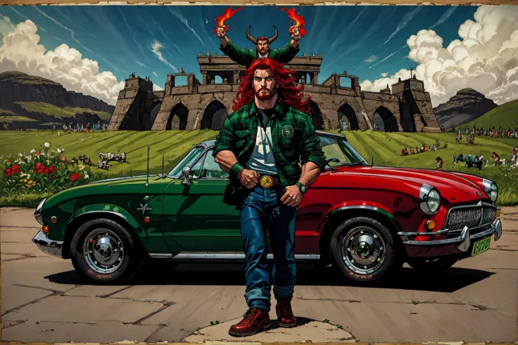 1boy, male focus, red hair, beard, long curly hair, mullet, plaid denim pants, tartan painted cars, green eyes, tartan theme, red plaid leather jacket, fender electric guitar, heavy metal concert, 4 leaf clovers, celtic metal band, masculine, devil horns, scotland highlands, vintage cars, poster, Irish theme, celtic theme, outdoors (masterpiece, best quality)
